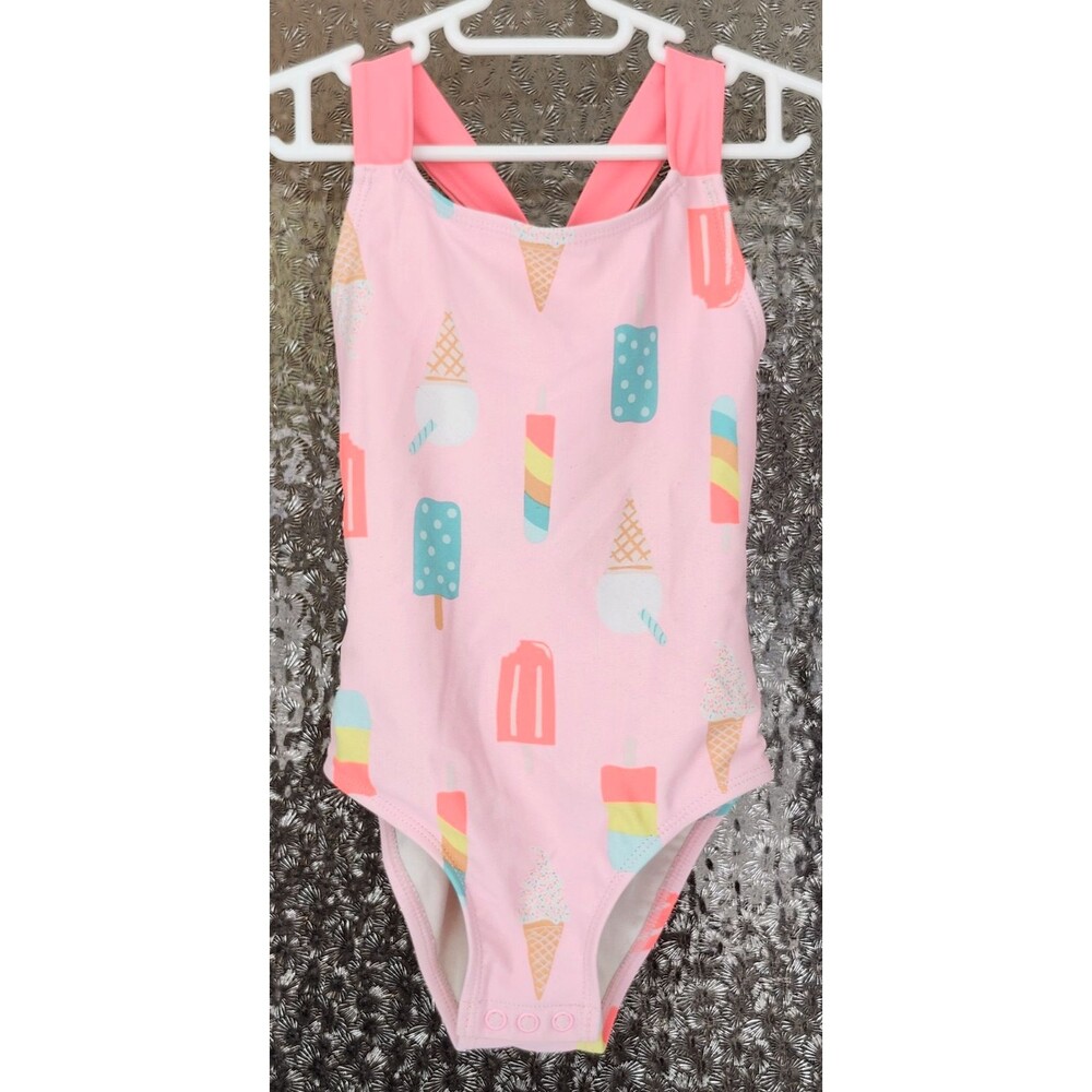 Carter’s Girls Swimsuit 24M • Pink Ice Cream One‑Piece • Cross‑Back Bow • EUC